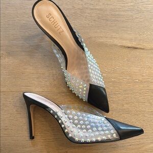 Schutz Women's Black Pointed Clear Mule with Iridescent Studs